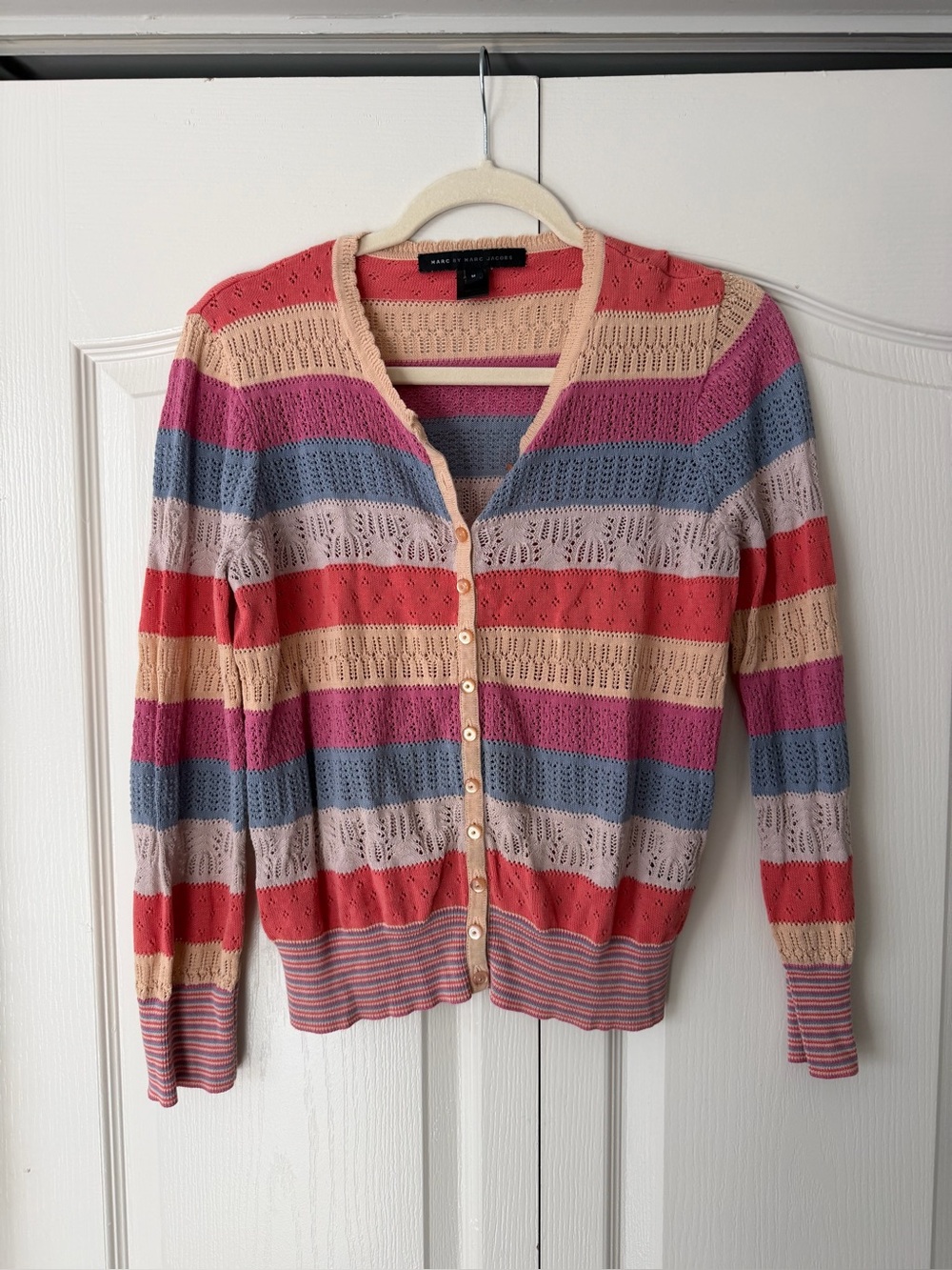 Marc Jacobs Striped Openwork Button Cardigan - Pink, Coral, Blue, Cream